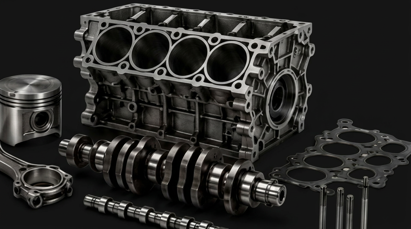 Engine block, piston, crankshaft, camshafts, valves and gaskets