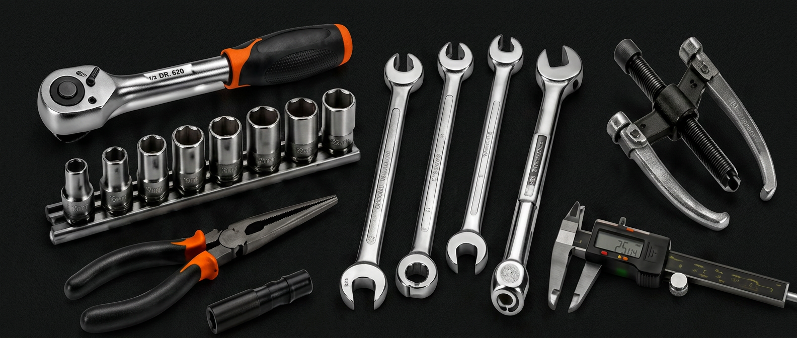Professional hand tools, sockets, spanners, pullers and measuring instruments
