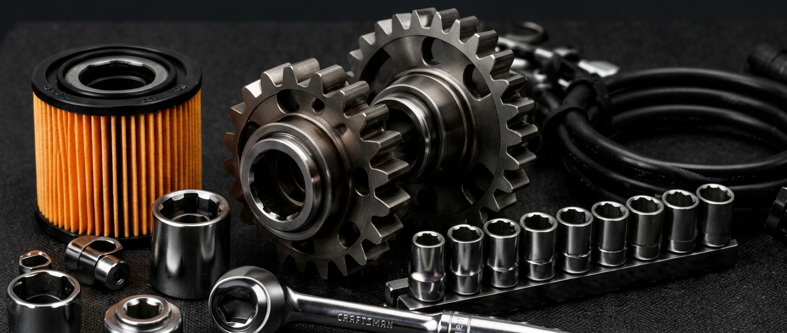 Oil filter, gears and socket set used for mechanical repair work